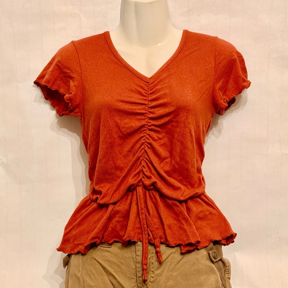 Ruched V-Neck Crop Top in Rust Orange
